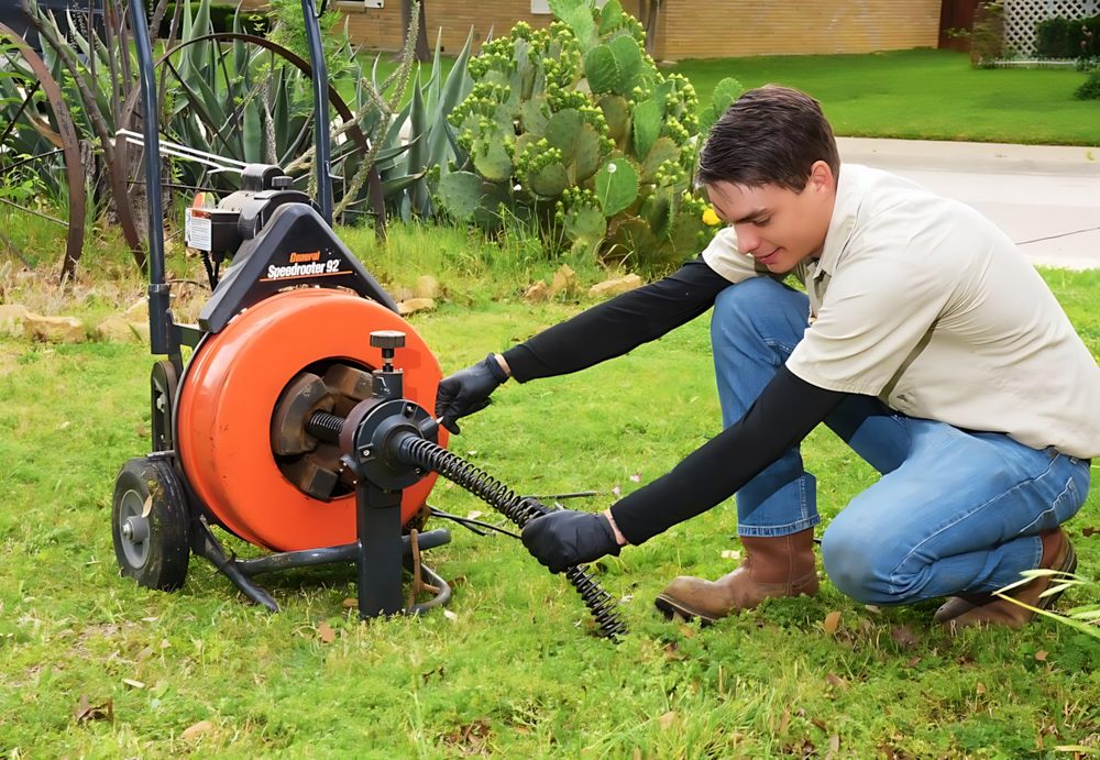 Plumber using a drain cleaning machine to clear a clogged sewer line in Carrollton, TX